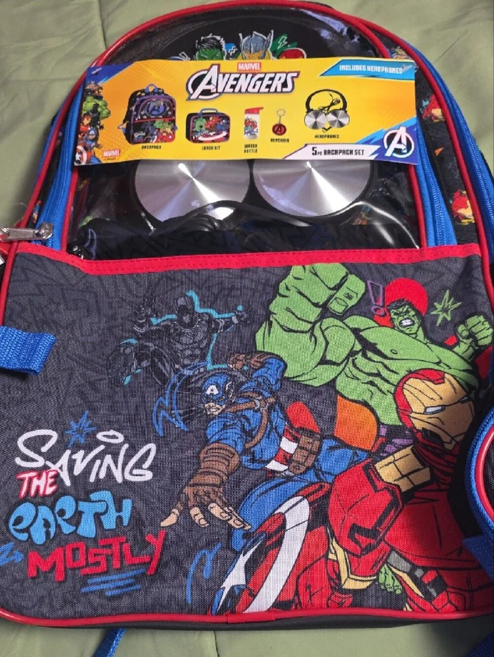 Marvel Black Backpack Set with Lunch kit, Headphones & Water Bottle